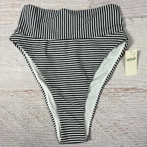 NEW Aerie High Cut Cheeky Bikini Bottom Size XXS Black White Stripe Swimwear NWT
